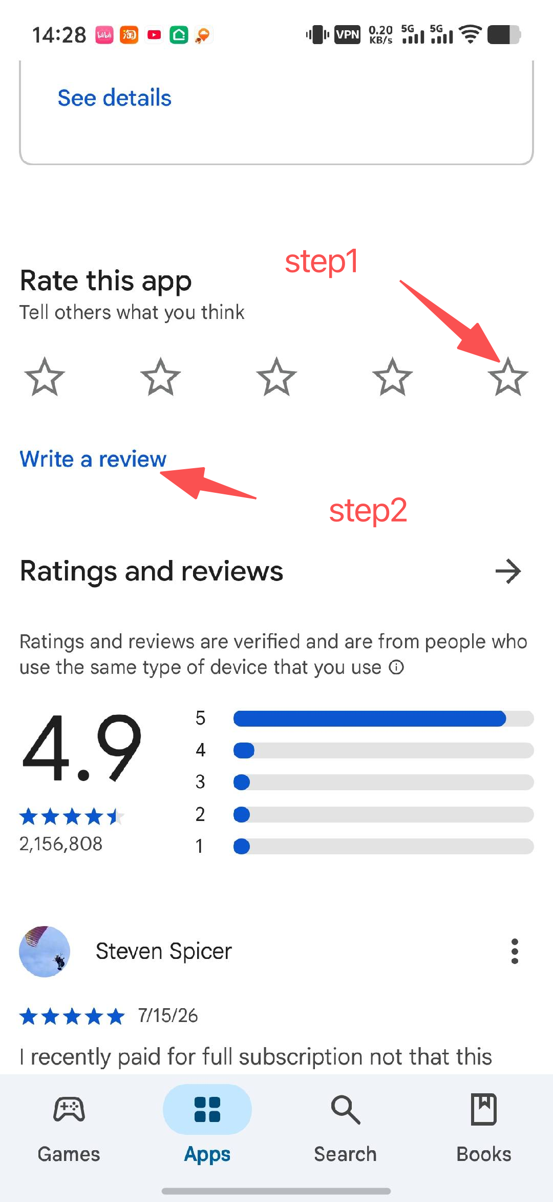 Tap 5 stars on the app page and choose Write a review