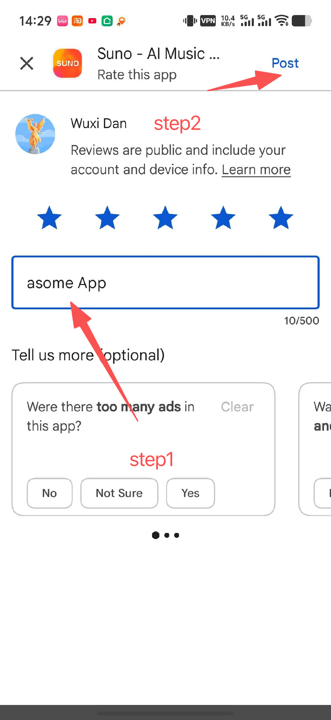 Fill in the review and tap Post