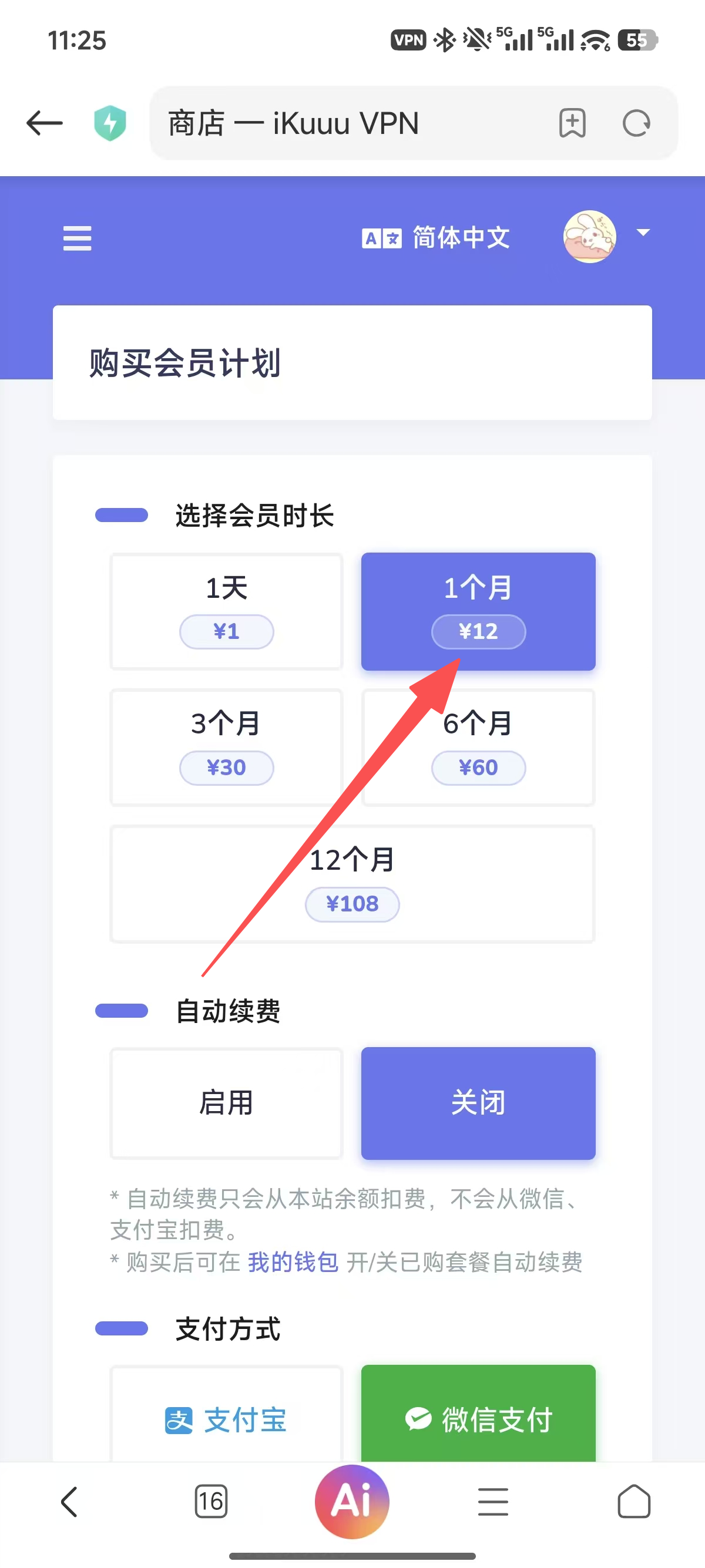 Choose the 1-month / 12¥ plan on the shop page and complete the purchase